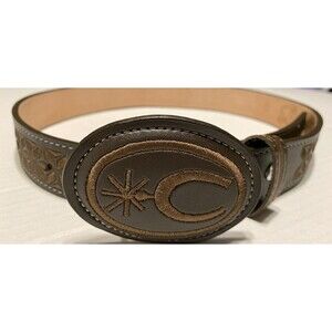 YAC Western Leather And Silk Brown Horse Belt & Buckle Womens 30” Rodeo Cowgirl